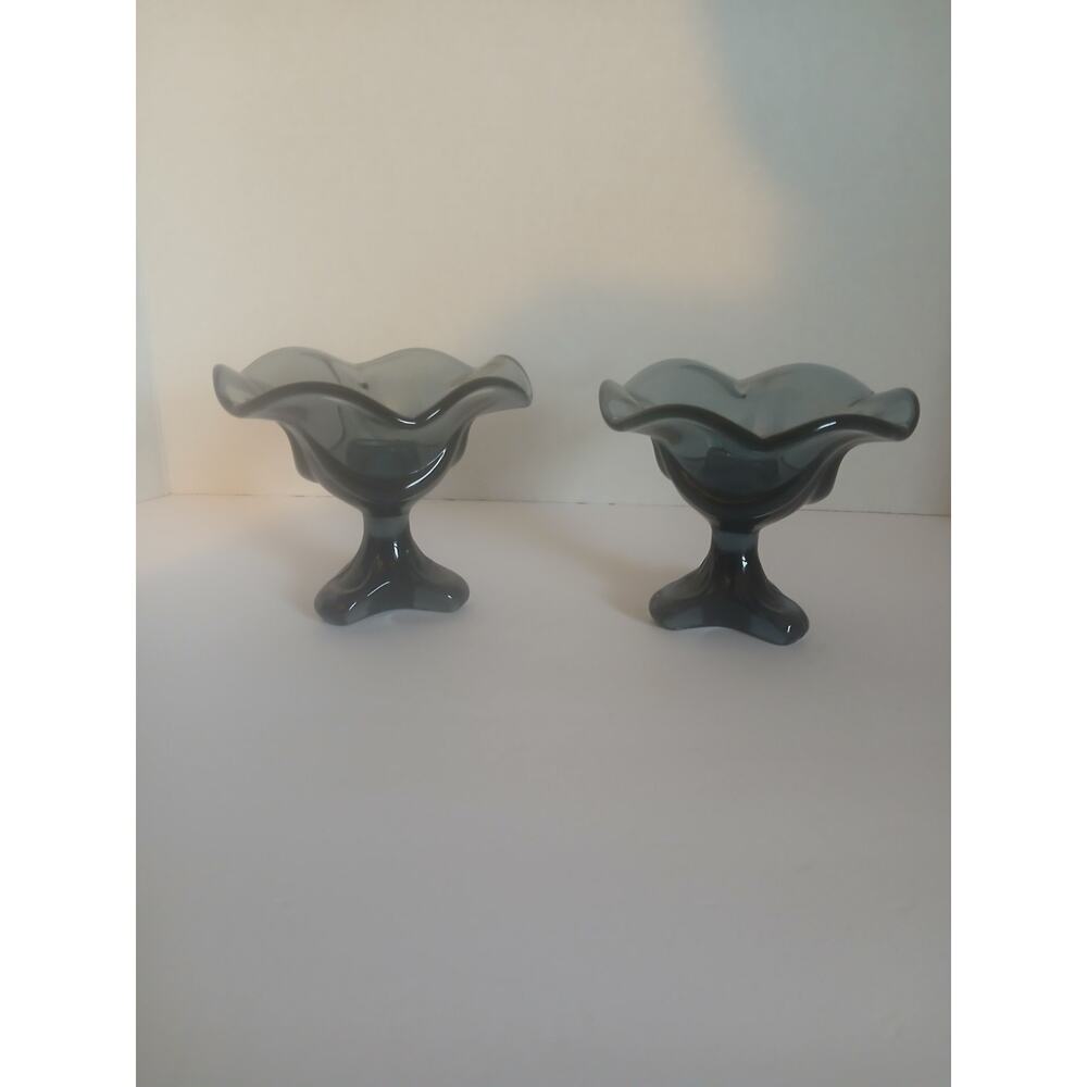 Vintage Viking Glass - Blue Gray Pedestal Honeycomb Ruffled Candle Sick Holder